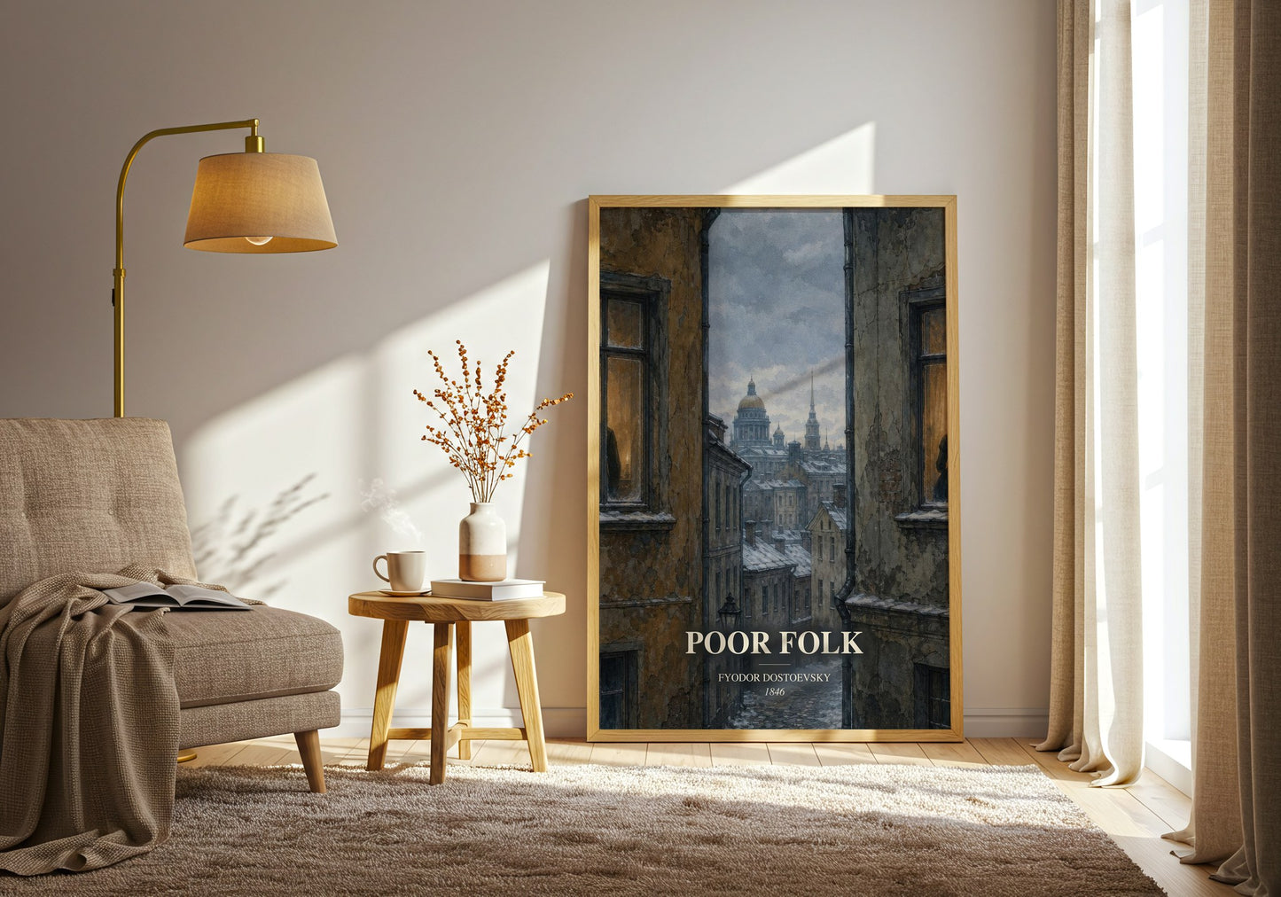 Poor Folk watercolour print in frame leaning in hallway – classic literature wall art