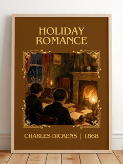 Holiday Romance Classic Book Art Print by Charles Dickens – framed print leaning on a wooden floor