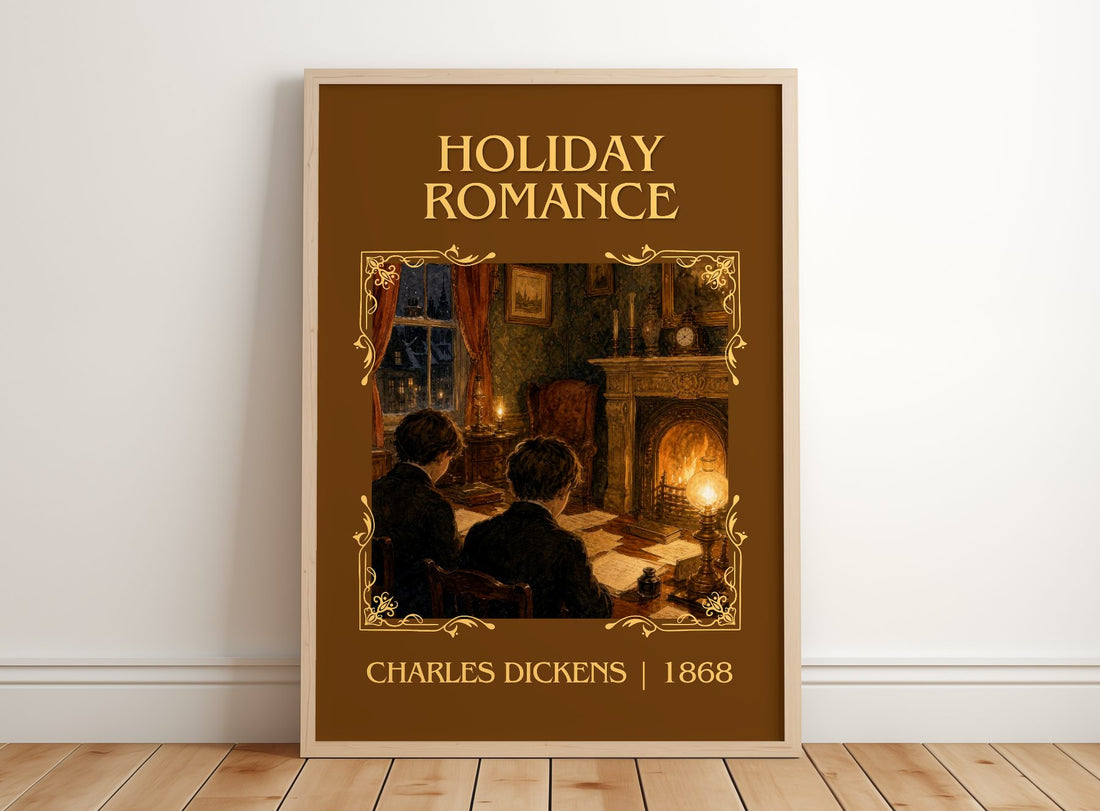Holiday Romance Classic Book Art Print by Charles Dickens – framed print leaning on a wooden floor