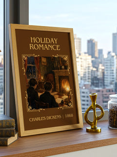 Holiday Romance Classic Book Art Print by Charles Dickens – framed print on a city-view windowsill