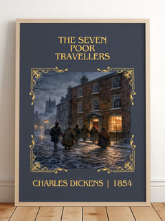 The Seven Poor Travellers Classic Book Art Print by Charles Dickens – framed print leaning on a wooden floor