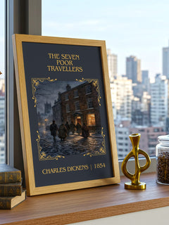 The Seven Poor Travellers Classic Book Art Print by Charles Dickens – framed print on a city-view windowsill