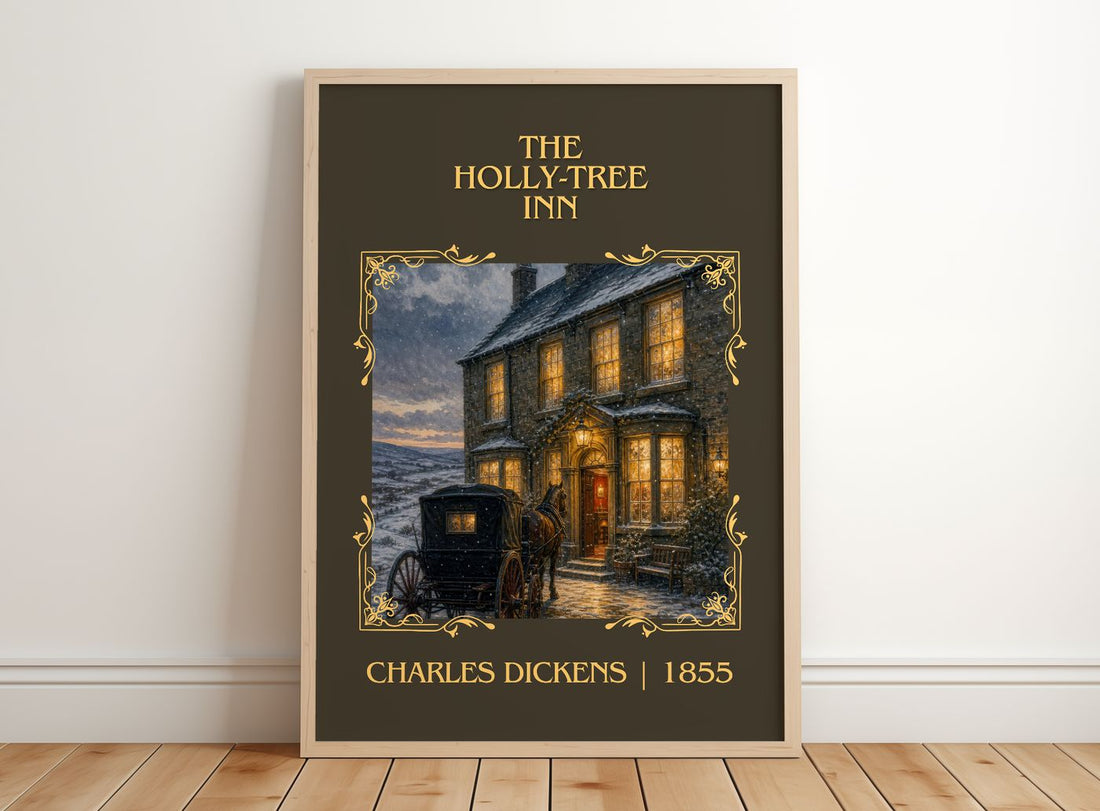 The Holly-Tree Inn Classic Book Art Print by Charles Dickens – framed print leaning on a wooden floor