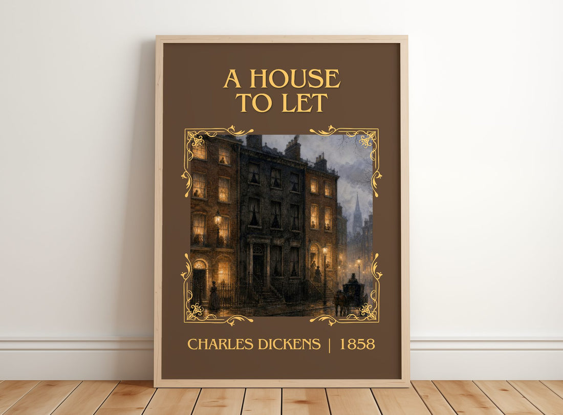 A House To Let Classic Book Art Print by Charles Dickens – framed print leaning on a wooden floor