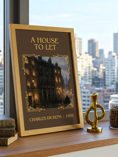 A House To Let Classic Book Art Print by Charles Dickens – framed print on a city-view windowsill