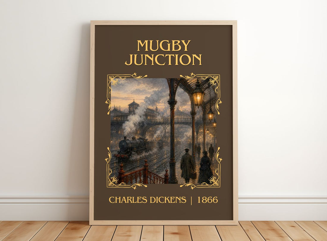 Mugby Junction Classic Book Art Print by Charles Dickens – framed print leaning on a wooden floor