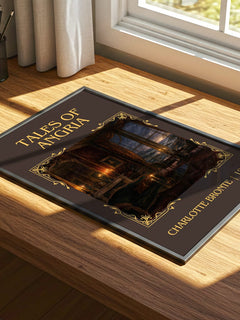 Tales Of Angria Classic Book Art Print by Charlotte Brontë – print on a sunlit desk