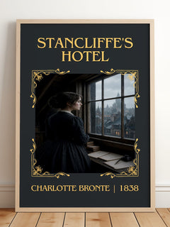 Stancliffe'S Hotel Classic Book Art Print by Charlotte Brontë – framed print leaning on a wooden floor