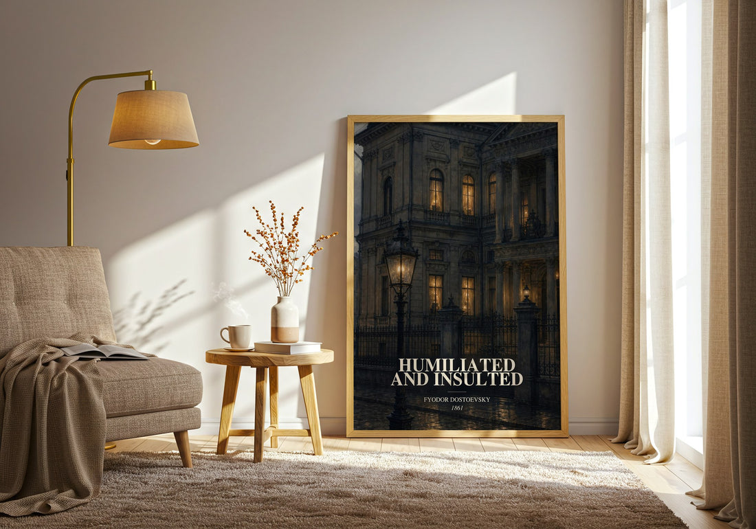 Humiliated And Insulted watercolour print in frame leaning in hallway – classic literature wall art (mockup)