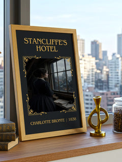 Stancliffe'S Hotel Classic Book Art Print by Charlotte Brontë – framed print on a city-view windowsill