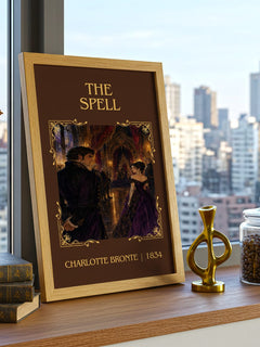 The Spell Classic Book Art Print by Charlotte Brontë – framed print on a city-view windowsill