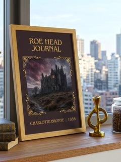 Roe Head Journal Classic Book Art Print by Charlotte Brontë – framed print on a city-view windowsill