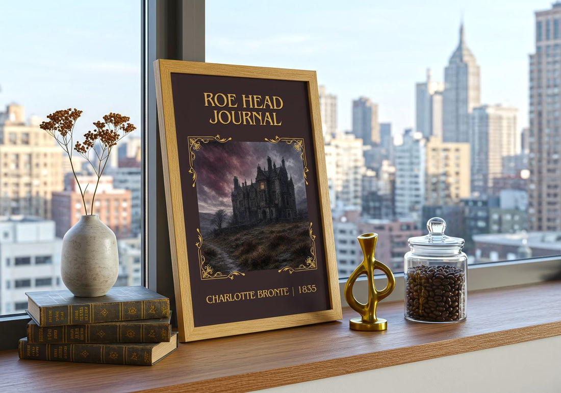 Roe Head Journal Classic Book Art Print by Charlotte Brontë – framed print on a city-view windowsill