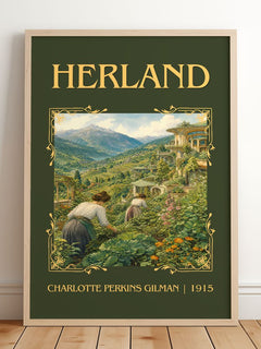 Herland Classic Book Art Print by Charlotte Perkins Gilman – framed print leaning on a wooden floor