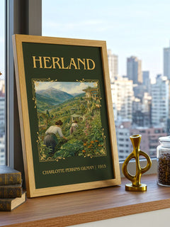 Herland Classic Book Art Print by Charlotte Perkins Gilman – framed print on a city-view windowsill