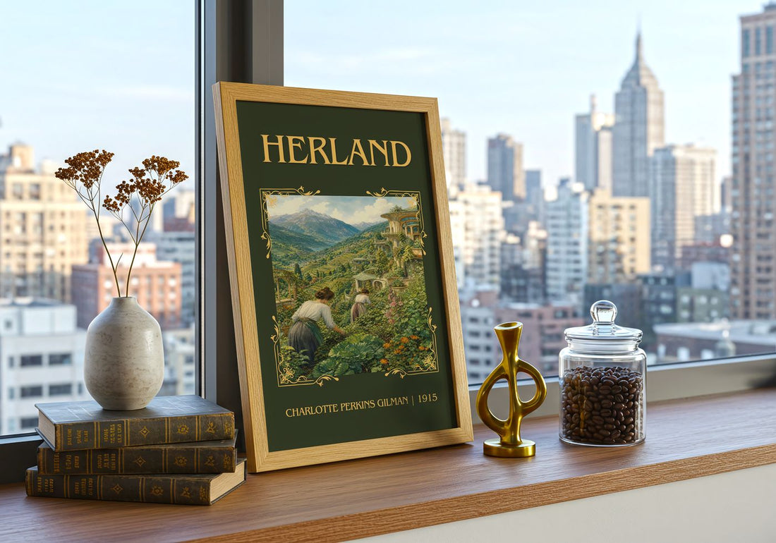 Herland Classic Book Art Print by Charlotte Perkins Gilman – framed print on a city-view windowsill