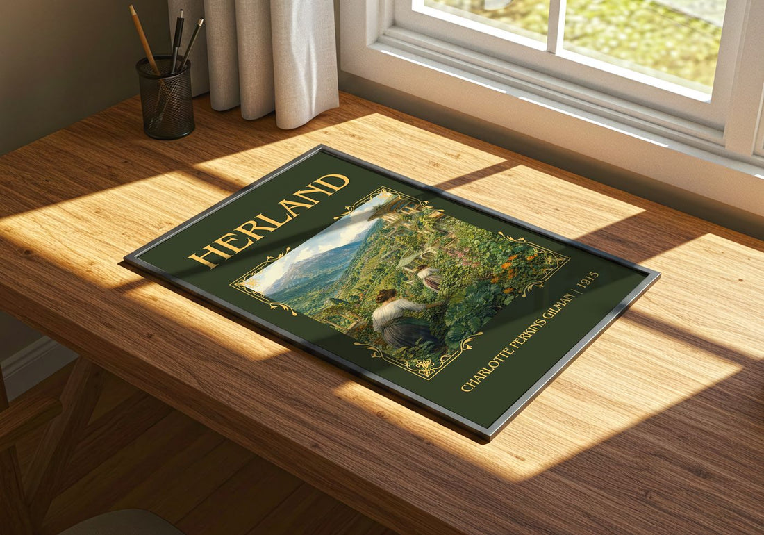 Herland Classic Book Art Print by Charlotte Perkins Gilman – print on a sunlit desk