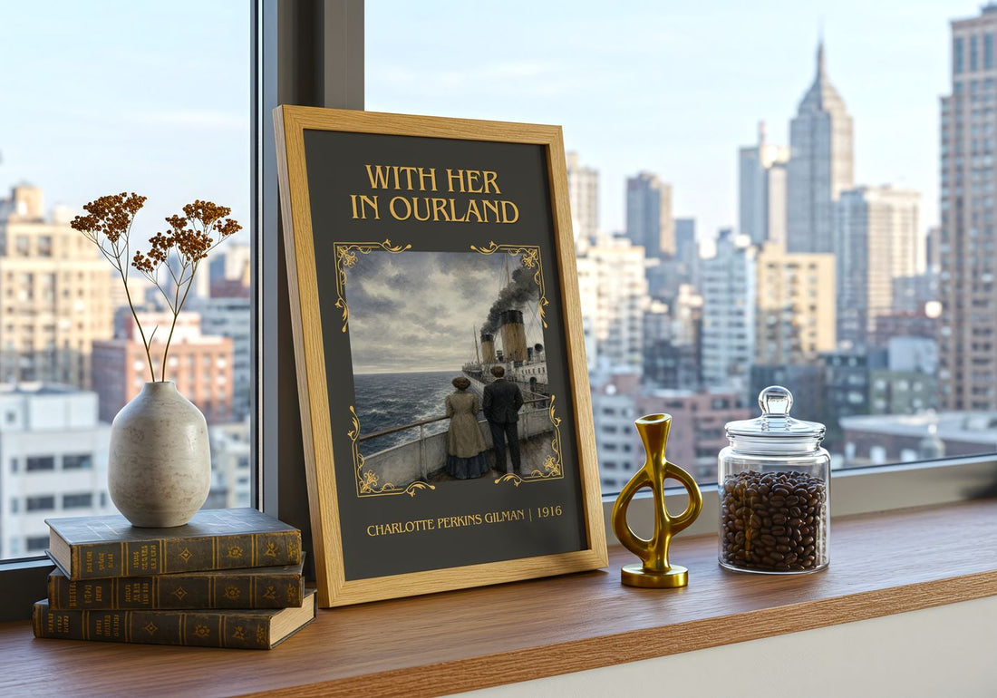 With Her In Ourland Classic Book Art Print by Charlotte Perkins Gilman – framed print on a city-view windowsill