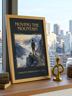 Moving The Mountain Classic Book Art Print by Charlotte Perkins Gilman – framed print on a city-view windowsill