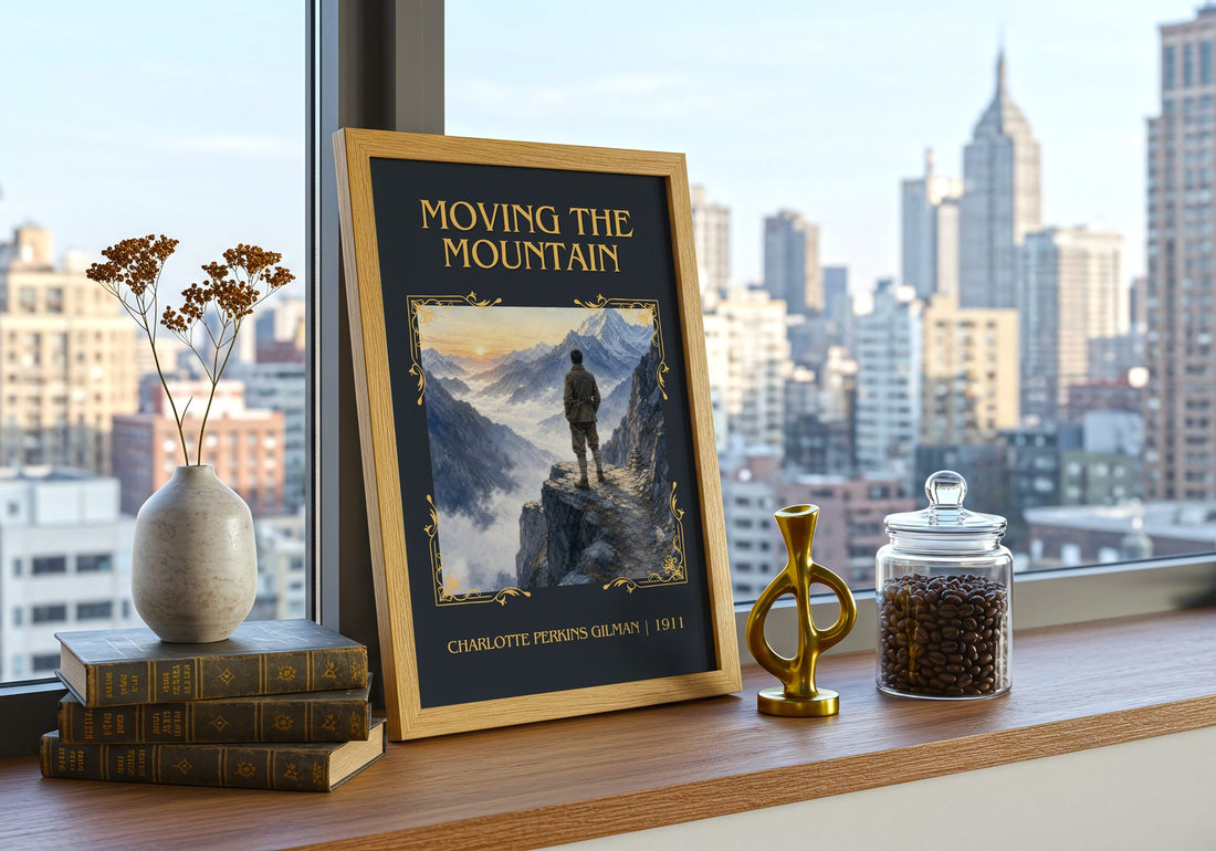 Moving The Mountain Classic Book Art Print by Charlotte Perkins Gilman – framed print on a city-view windowsill