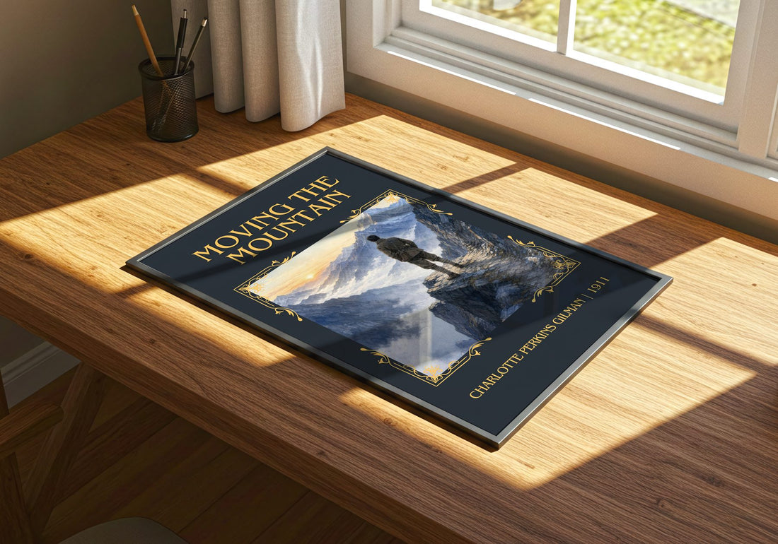 Moving The Mountain Classic Book Art Print by Charlotte Perkins Gilman – print on a sunlit desk