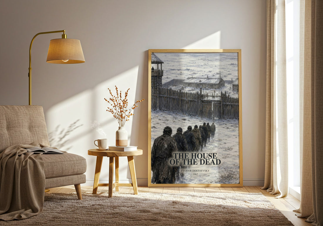 The House Of The Dead watercolour print in frame leaning in hallway – classic literature wall art (mockup)