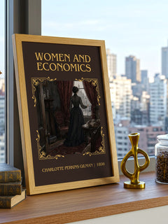 Women And Economics Classic Book Art Print by Charlotte Perkins Gilman – framed print on a city-view windowsill