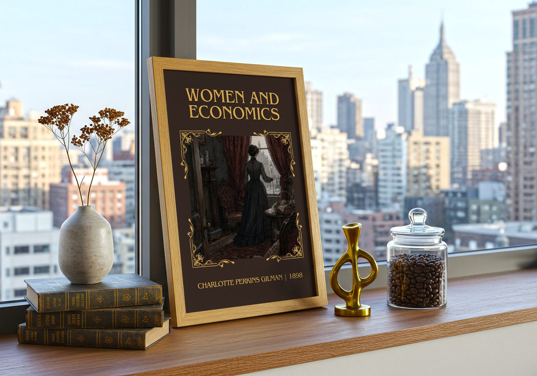 Women And Economics Classic Book Art Print by Charlotte Perkins Gilman – framed print on a city-view windowsill