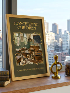 Concerning Children Classic Book Art Print by Charlotte Perkins Gilman – framed print on a city-view windowsill