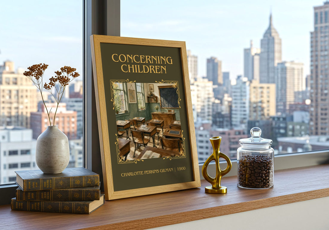 Concerning Children Classic Book Art Print by Charlotte Perkins Gilman – framed print on a city-view windowsill