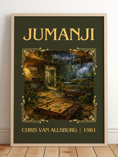 Jumanji Classic Book Art Print by Chris Van Allsburg – framed print leaning on a wooden floor