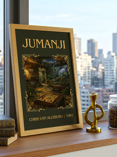 Jumanji Classic Book Art Print by Chris Van Allsburg – framed print on a city-view windowsill