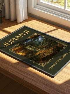 Jumanji Classic Book Art Print by Chris Van Allsburg – print on a sunlit desk