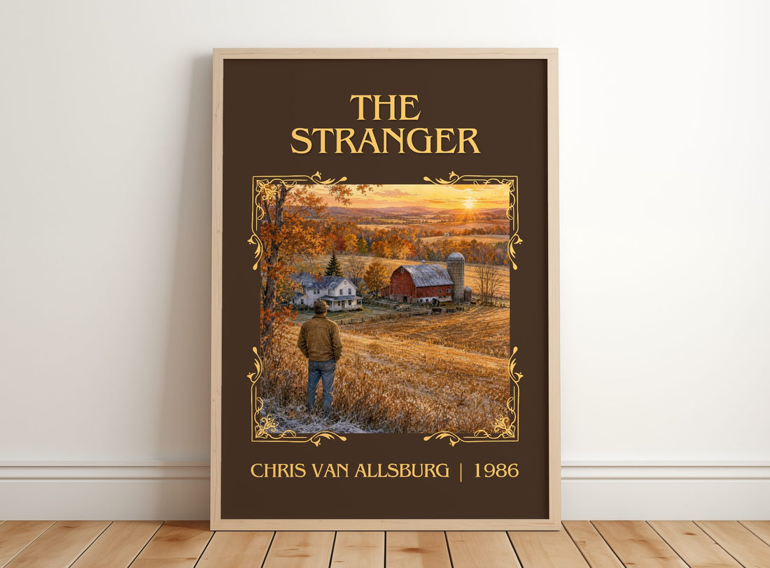 The Stranger Classic Book Art Print by Chris Van Allsburg – framed print leaning on a wooden floor