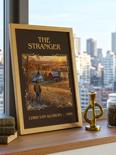The Stranger Classic Book Art Print by Chris Van Allsburg – framed print on a city-view windowsill