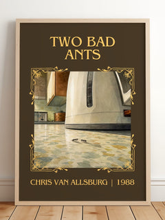 Two Bad Ants Classic Book Art Print by Chris Van Allsburg – framed print leaning on a wooden floor