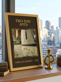 Two Bad Ants Classic Book Art Print by Chris Van Allsburg – framed print on a city-view windowsill