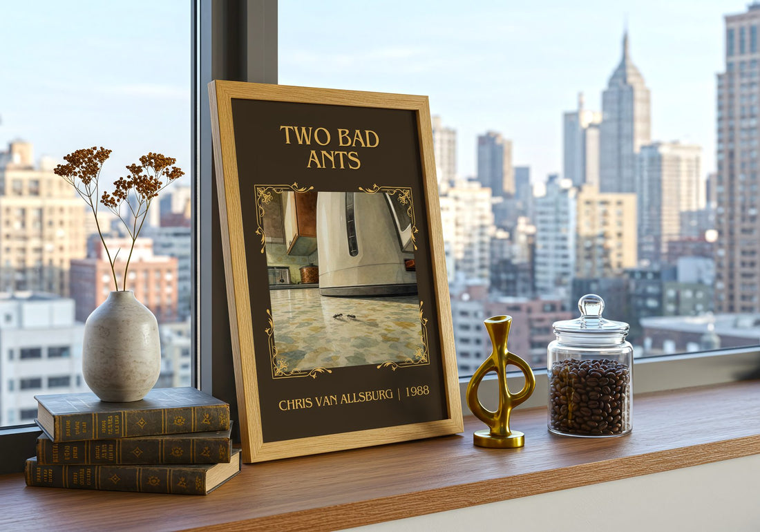 Two Bad Ants Classic Book Art Print by Chris Van Allsburg – framed print on a city-view windowsill