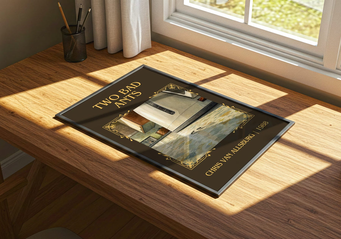 Two Bad Ants Classic Book Art Print by Chris Van Allsburg – print on a sunlit desk