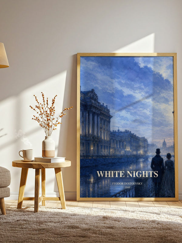 White Nights watercolour print in frame leaning in hallway – classic literature wall art