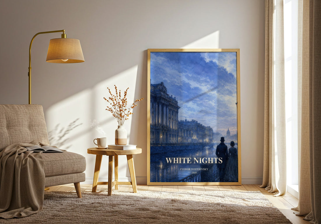 White Nights watercolour print in frame leaning in hallway – classic literature wall art (mockup)