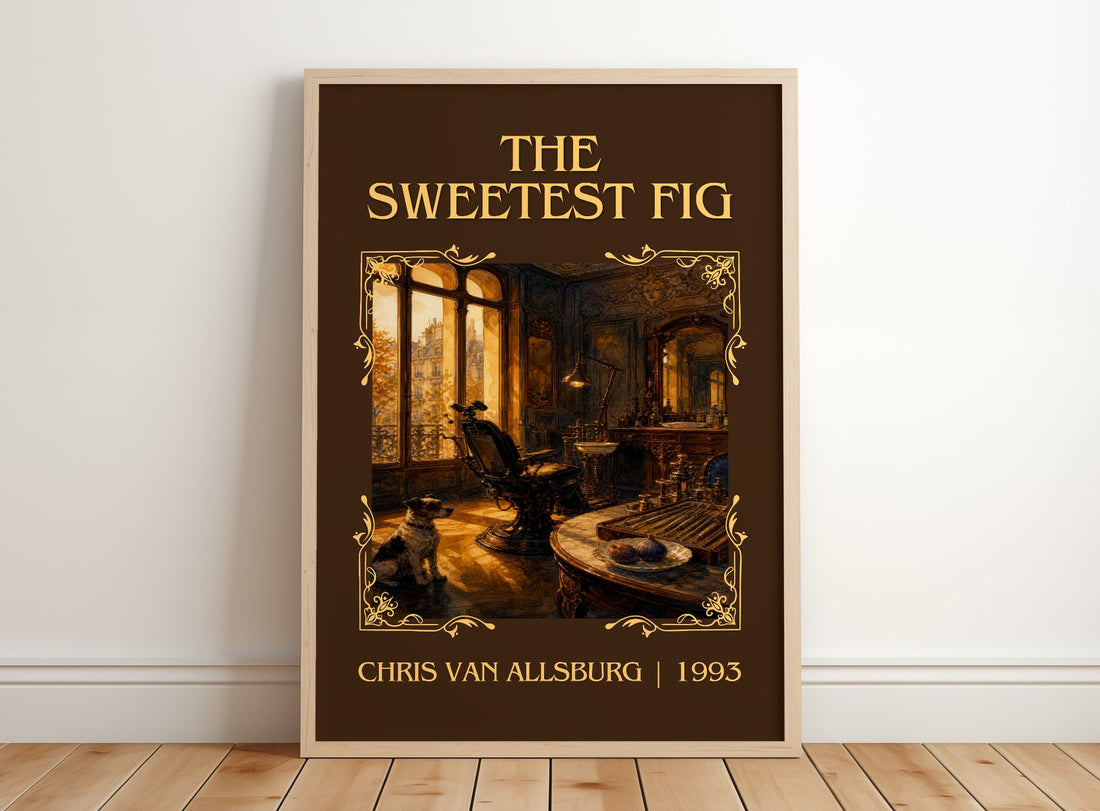 The Sweetest Fig Classic Book Art Print by Chris Van Allsburg – framed print leaning on a wooden floor