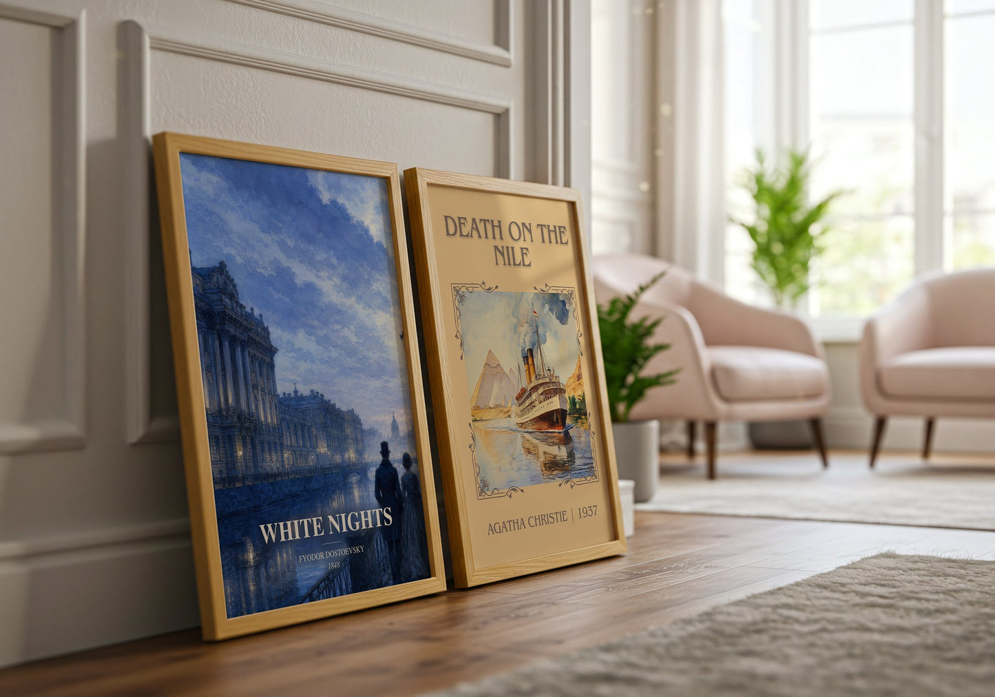 White Nights watercolour print framed by window – literary home decor