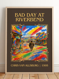 Bad Day At Riverbend Classic Book Art Print by Chris Van Allsburg – framed print leaning on a wooden floor