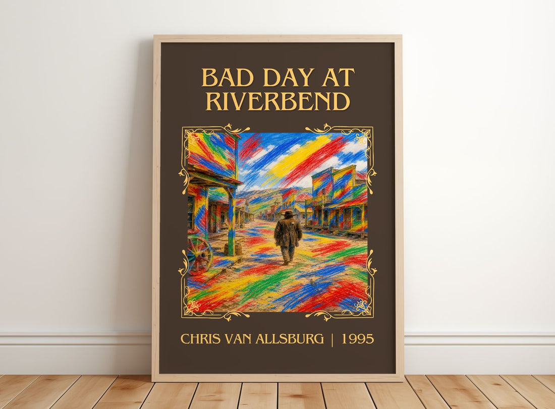 Bad Day At Riverbend Classic Book Art Print by Chris Van Allsburg – framed print leaning on a wooden floor