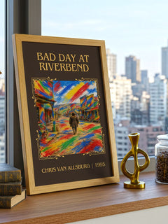 Bad Day At Riverbend Classic Book Art Print by Chris Van Allsburg – framed print on a city-view windowsill