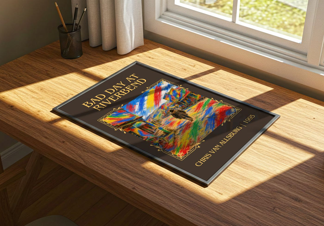 Bad Day At Riverbend Classic Book Art Print by Chris Van Allsburg – print on a sunlit desk