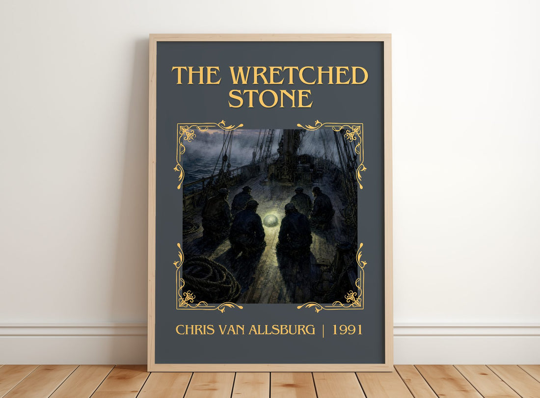 The Wretched Stone Classic Book Art Print by Chris Van Allsburg – framed print leaning on a wooden floor