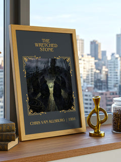 The Wretched Stone Classic Book Art Print by Chris Van Allsburg – framed print on a city-view windowsill