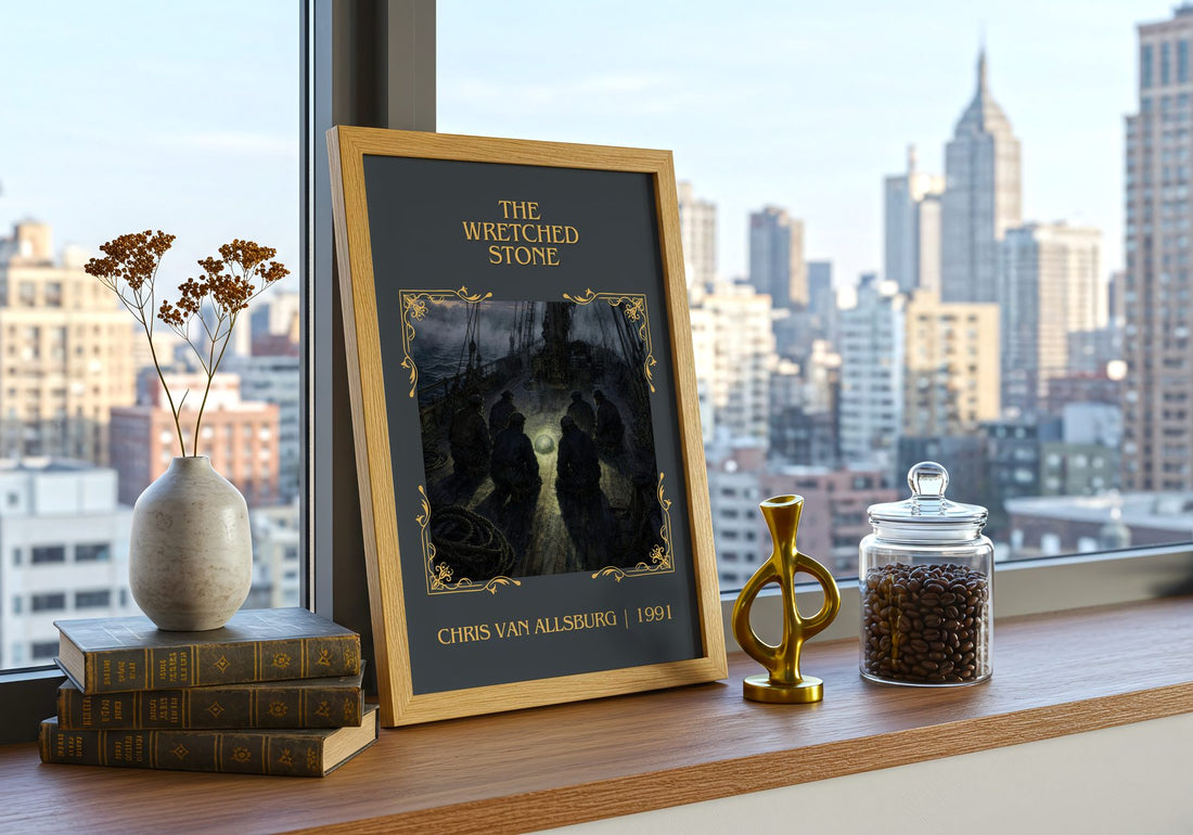 The Wretched Stone Classic Book Art Print by Chris Van Allsburg – framed print on a city-view windowsill
